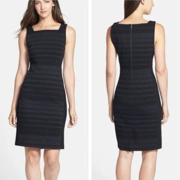 NWT Eileen Fisher Square Neck Sleeveless Ponte Striped Sheath Dress 12P Charcoal - Picture 1 of 11